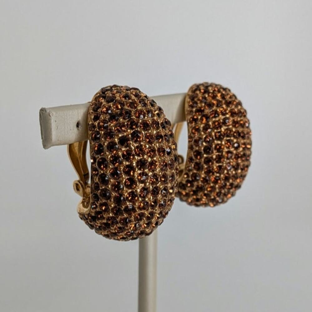 Ciner Vintage Dome Pave Rhinestone Crystal Chocolate Brown Clip Earrings Large - Picture 6 of 10